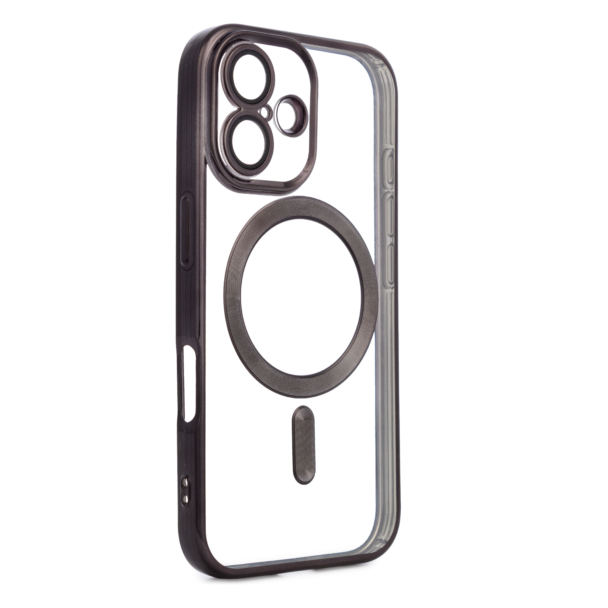 Carcasa transparente con cámara cubierta, bordes negros, antichoque y antihuellas. Magsafe para iPhone 16.