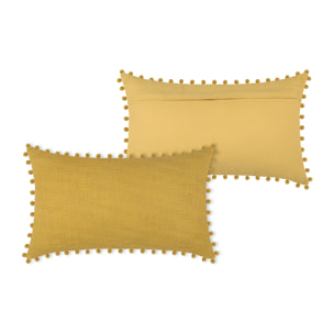 Coussin rectangulaire en coton déhoussable à pompons - Jaune moutarde