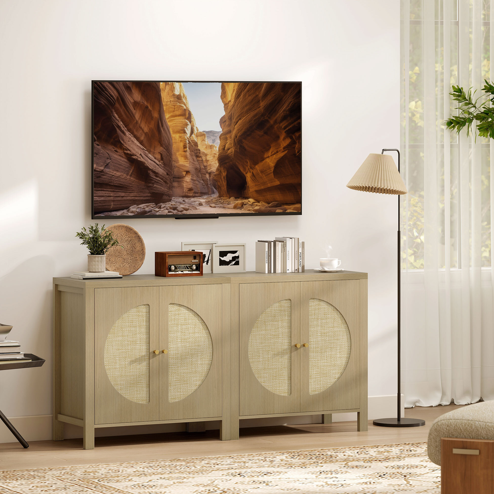 Aparador de Cocina con 2 Puertas de Ratán Sintético, Mueble Auxiliar de Cocina con Estante Ajustable y 2 Tiradores, Mueble de Buffet para Comedor, Salón, 75x38x77 cm, Madera Natural