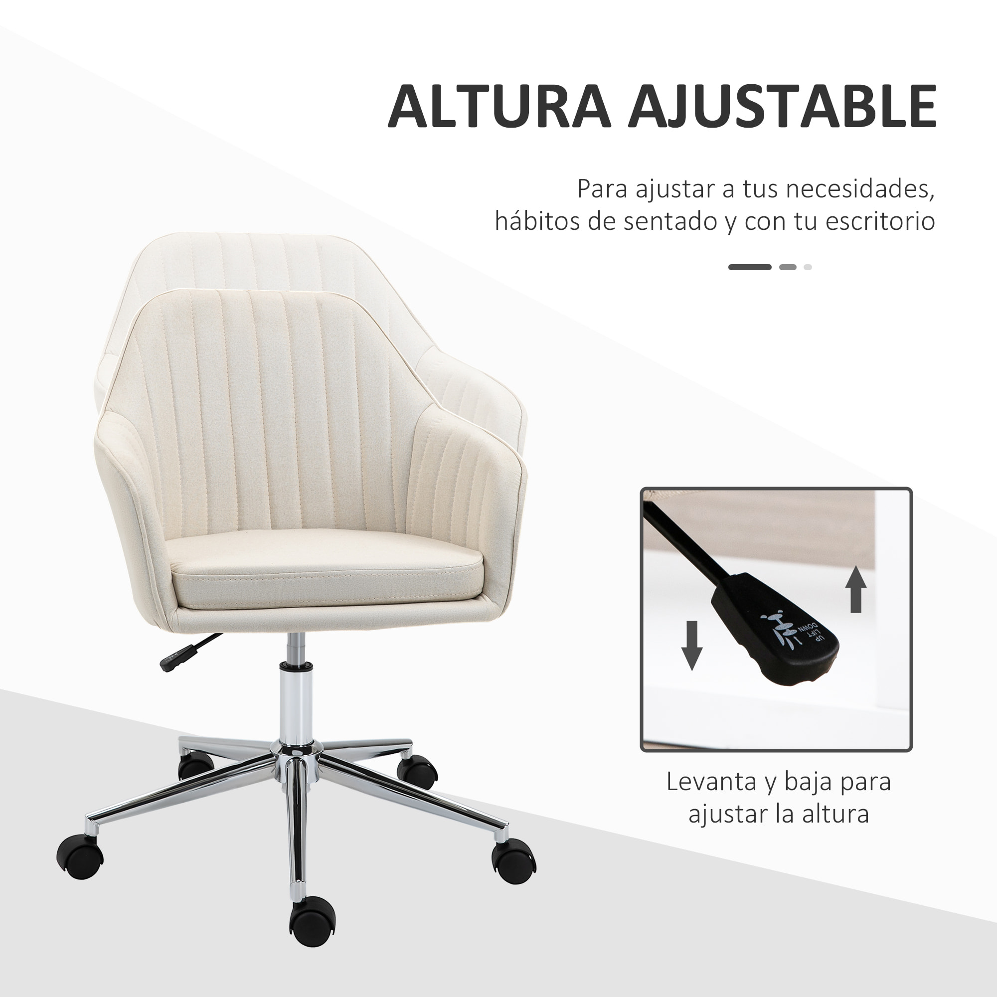 Silla de Oficina Silla de Escritorio Giratoria Tapizado en Lino con Altura Ajustable y Reposabrazos para Estudio Dormitorio Tocador Carga 120 kg Beige