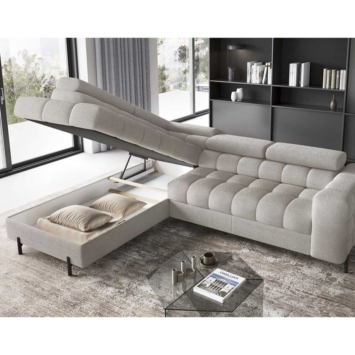 Elisa - canapé d'angle gauche 5 places convertible avec coffre et têtières réglables en tissu bouclette - Taupe