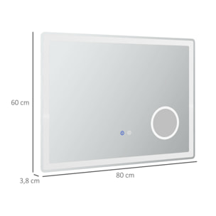 Miroir lumineux LED salle de bain dim. 80L x 60H cm anti-buée grossissant x3 réglable fonction mémoire