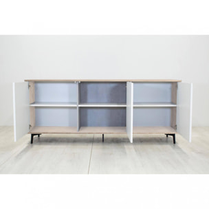 Credenza Fresia, Mobile buffet a 3 ante e 1 ripiano regolabile, Madia elegante da soggiorno, Mobile porta TV, 100% Made in Italy, Cm 184x45h77, Bianco e Rovere