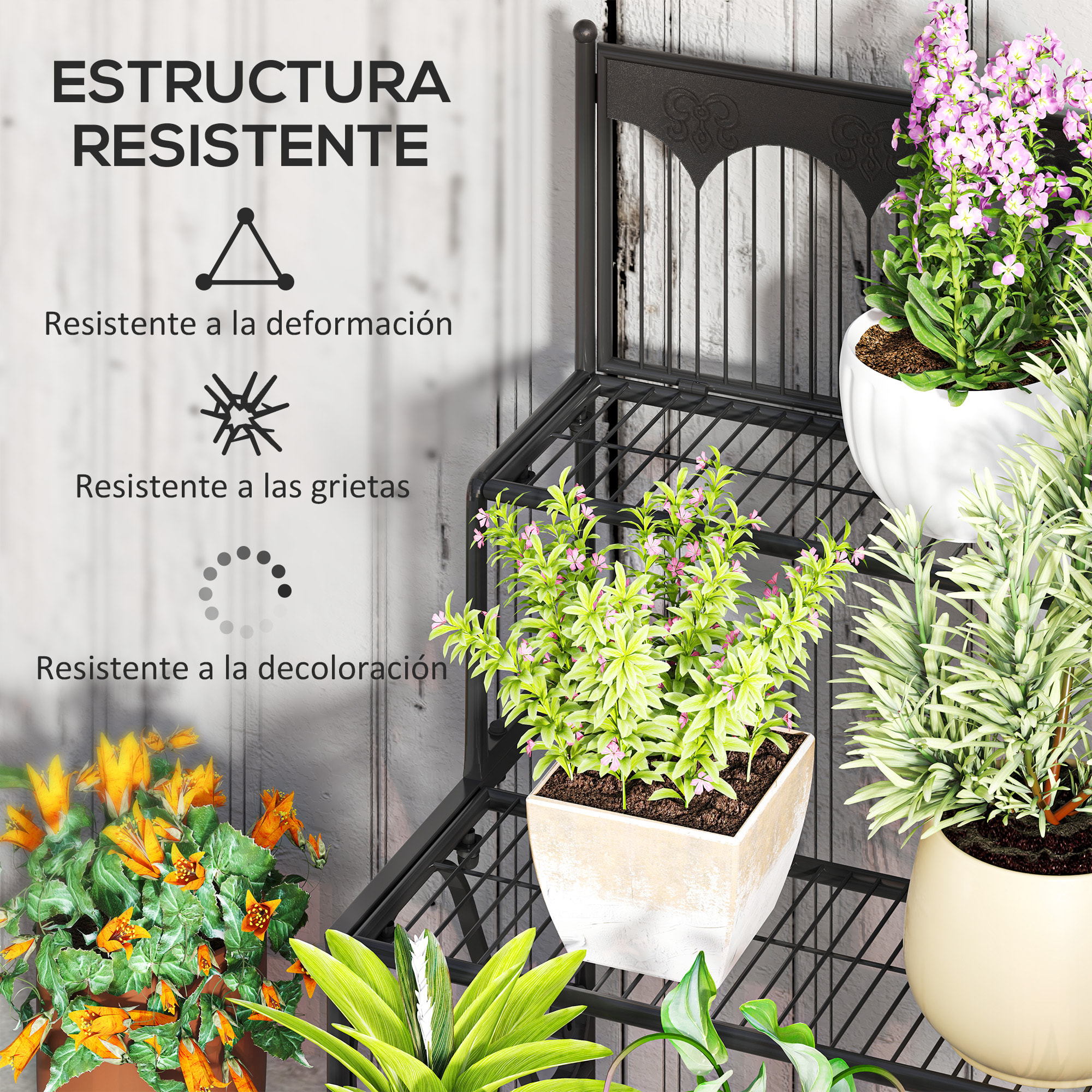 Soporte para Plantas de 3 Niveles Estantería para Plantas para Esquina Diseño en Escalera Soporte para Macetas Interior y Exterior 73x66x85 cm Negro