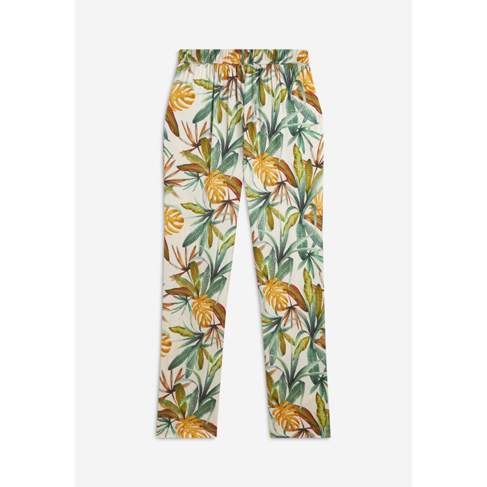 Pantaloni donna in satin di viscosa a fantasia tropical