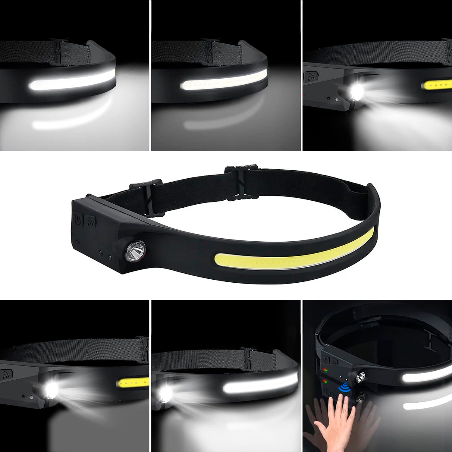 Linterna frontal LED con 350 lm, 6 modos de iluminación, sensor de movimiento y batería recargable de 1200 mAh.