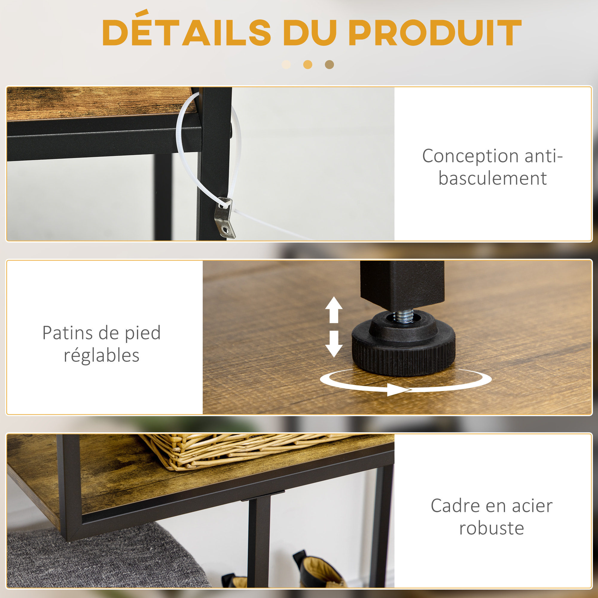 Console design industriel 4 étagères acier noir panneaux aspect bois vieilli