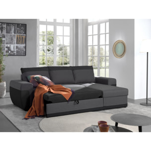 Milan - Canapé d'angle réversible - 4 places - Convertible avec coffre - En simili et tissu - Noir / Gris