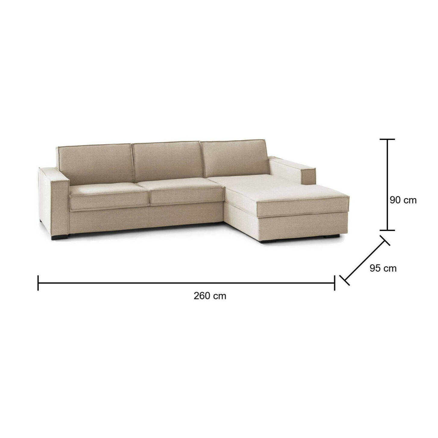 Divano Letto Adelia, Divano ad angolo, 100% Made in Italy, Sofà con apertura girevole, Penisola contenitore Destra, con Braccioli slim, Cm 260x95h90, Beige