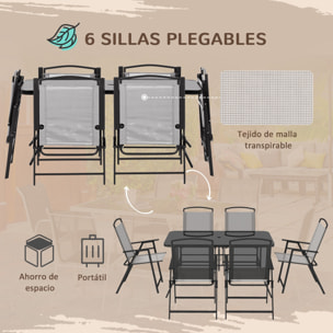 Conjunto de Muebles de Jardín de 7 Piezas Conjunto de Comedor de Exterior con 6 Sillas Plegables y Mesa de con Orificio para Sombrilla para Terraza Exterior Gris