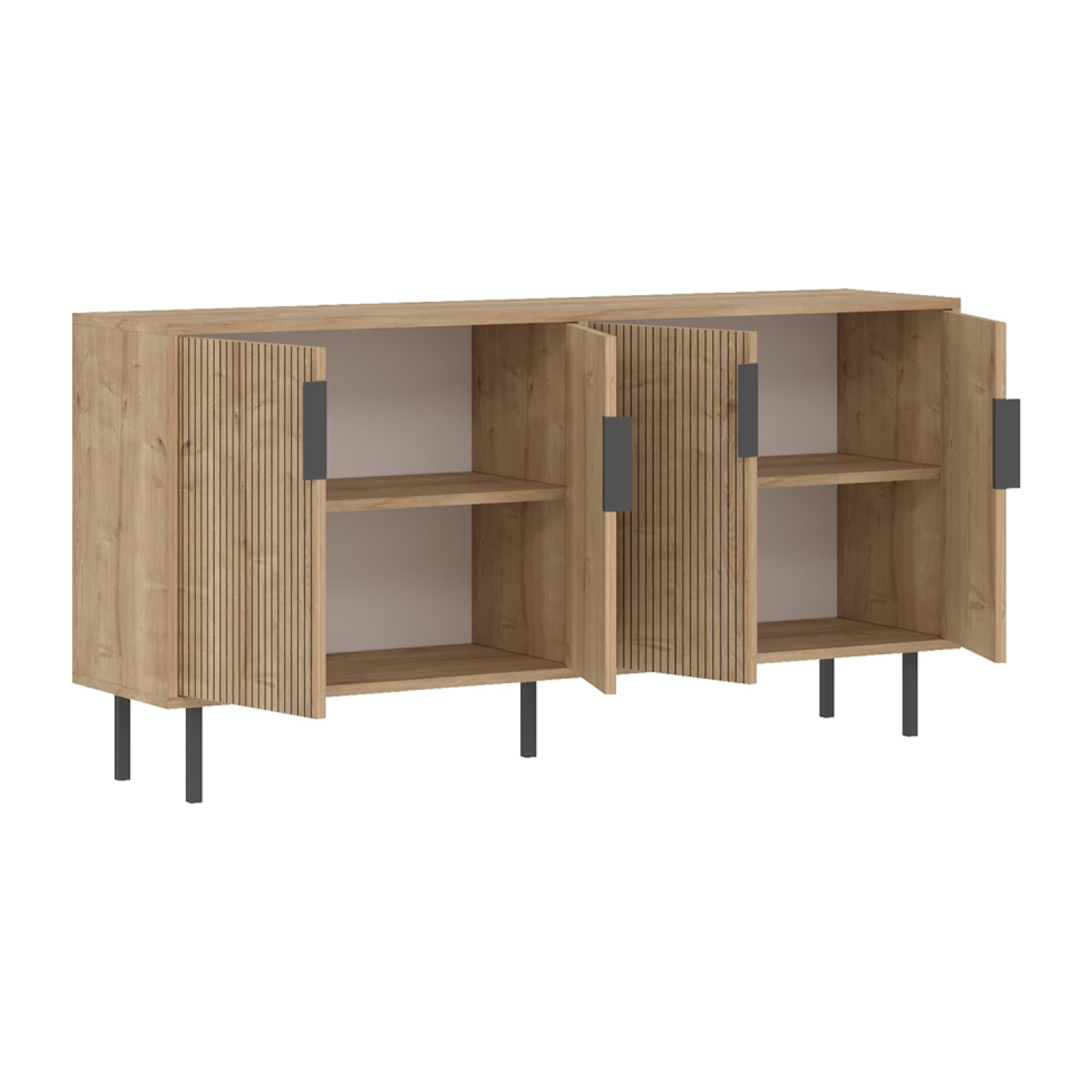 ATLAS Buffet cannelé 4 portes aspect bois 150x75cm