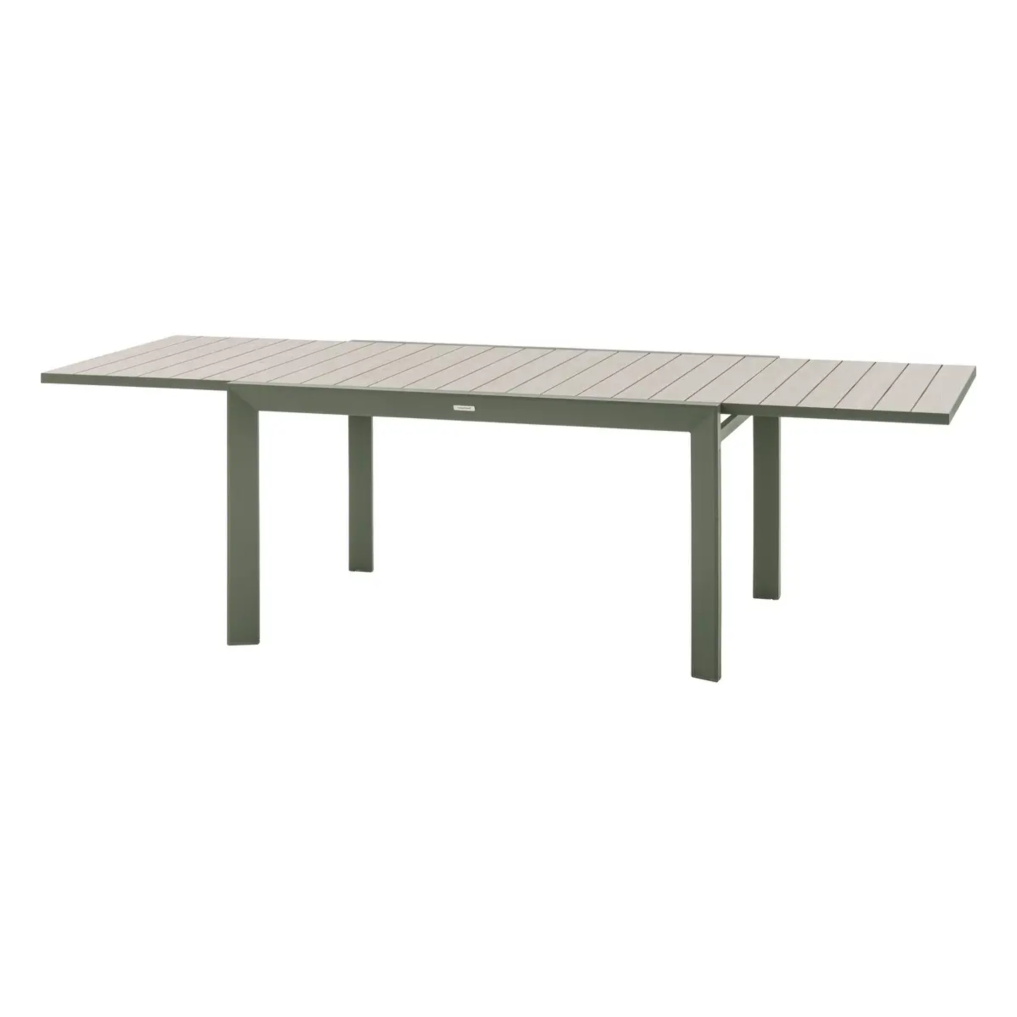Table de jardin extensible coulissante "Évasion" effet bois lin & vert laurier 10 places lates en aluminium