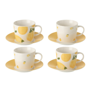 J-Line Tasse + Sous-tasse Citron - céramique - blanc/jaune - large - set de 4