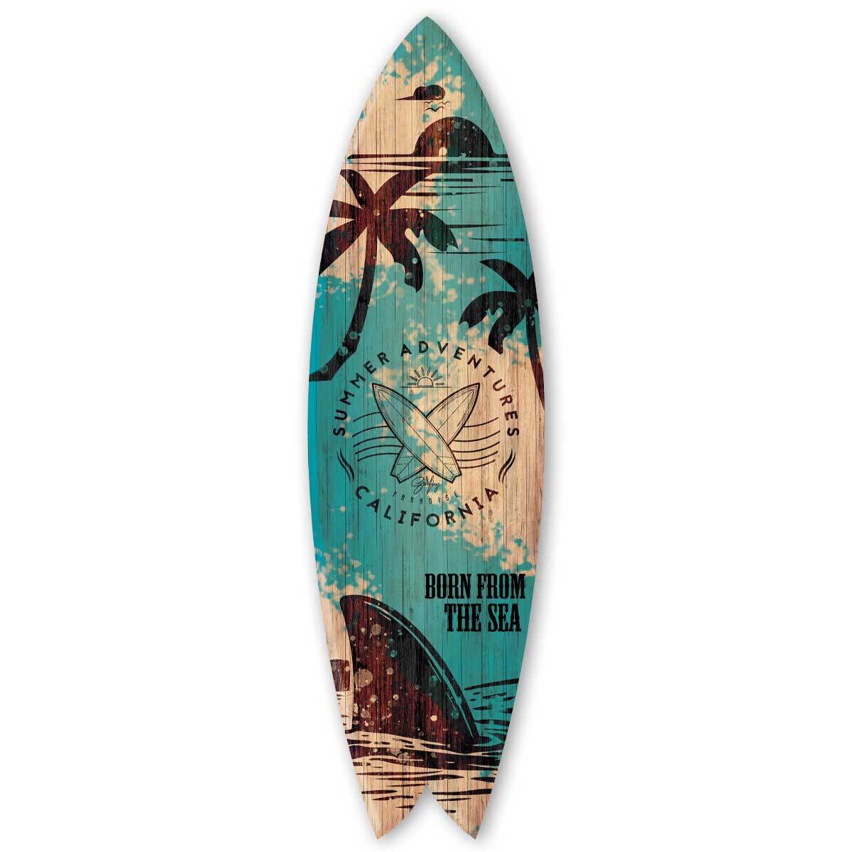 Planche de surf décorative bleu et bois Born from the Sea Tableau alu Dibond