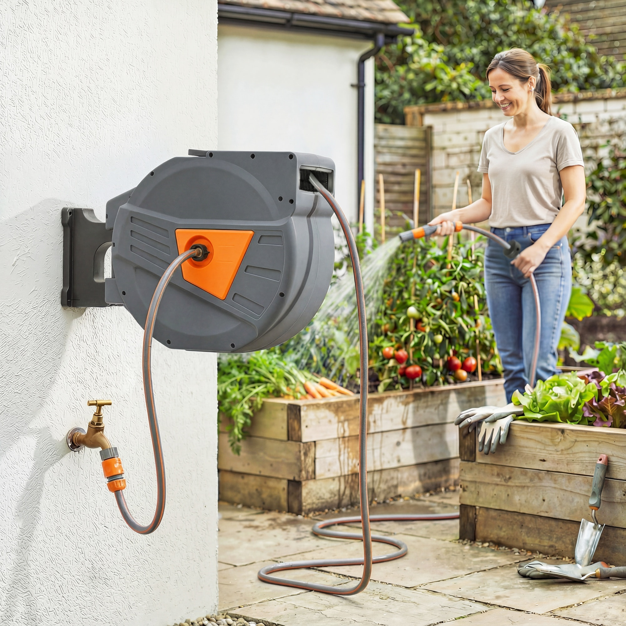 Dévidoir mural enrouleur automatique pivotant 180° tuyau 40 + 2 m avec lance arrosage 2 modes support mural intégré orange gris