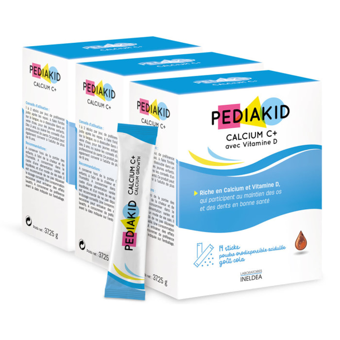 PEDIAKID - Calcium C+ et Vitamine D - Complément Alimentaire Naturel - Couvre 100% des AJR en Calcium - Maintien du capital osseux et dentaire - Goût Cola - Sticks de poudre orodispersible - Lot de 3