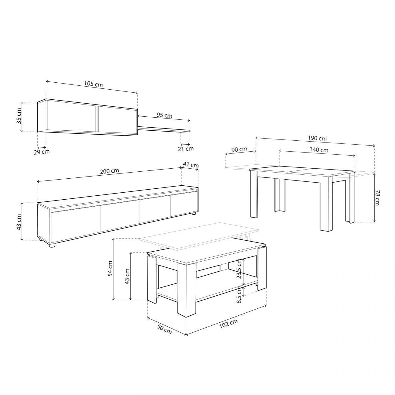 Pack salón con mesa de centro y mesa de comedor Arlet Max Blanco Artik (Blanco Mate) - Roble Canadian