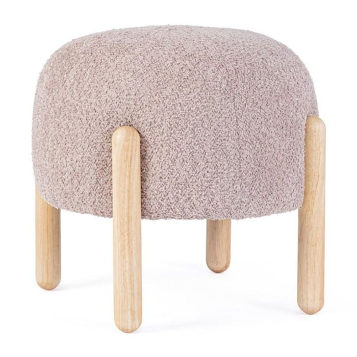 Pouf DAYLA in tessuto rosa antico effetto bouclé e gambe in legno rubber wood