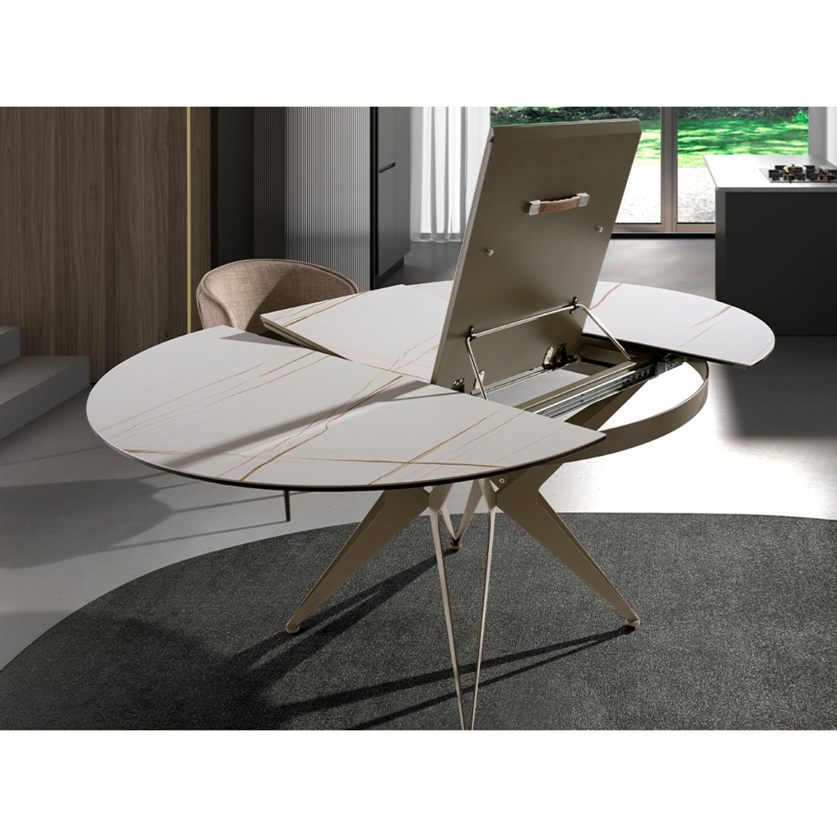 Mesa comedor extensible redonda con tapa de mármol porcelánico blanco con vetas marrones en acabado mate 120x120x77cm