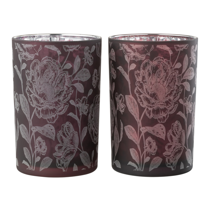 J-Line photophore Fleurs - verre - mauve/argent - large - 2 pièces