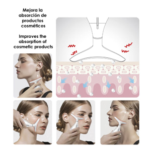 Masajeador ultrasónico para cara y cuello con tratamiento de luz LED.