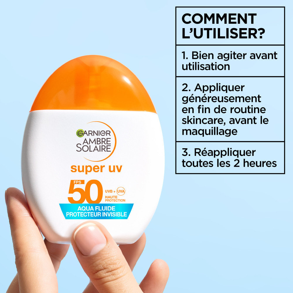 Garnier Ambre Solaire Super UV Visage Aqua Fluide SPF50 Invisible - Acide Hyaluronique - 40ml