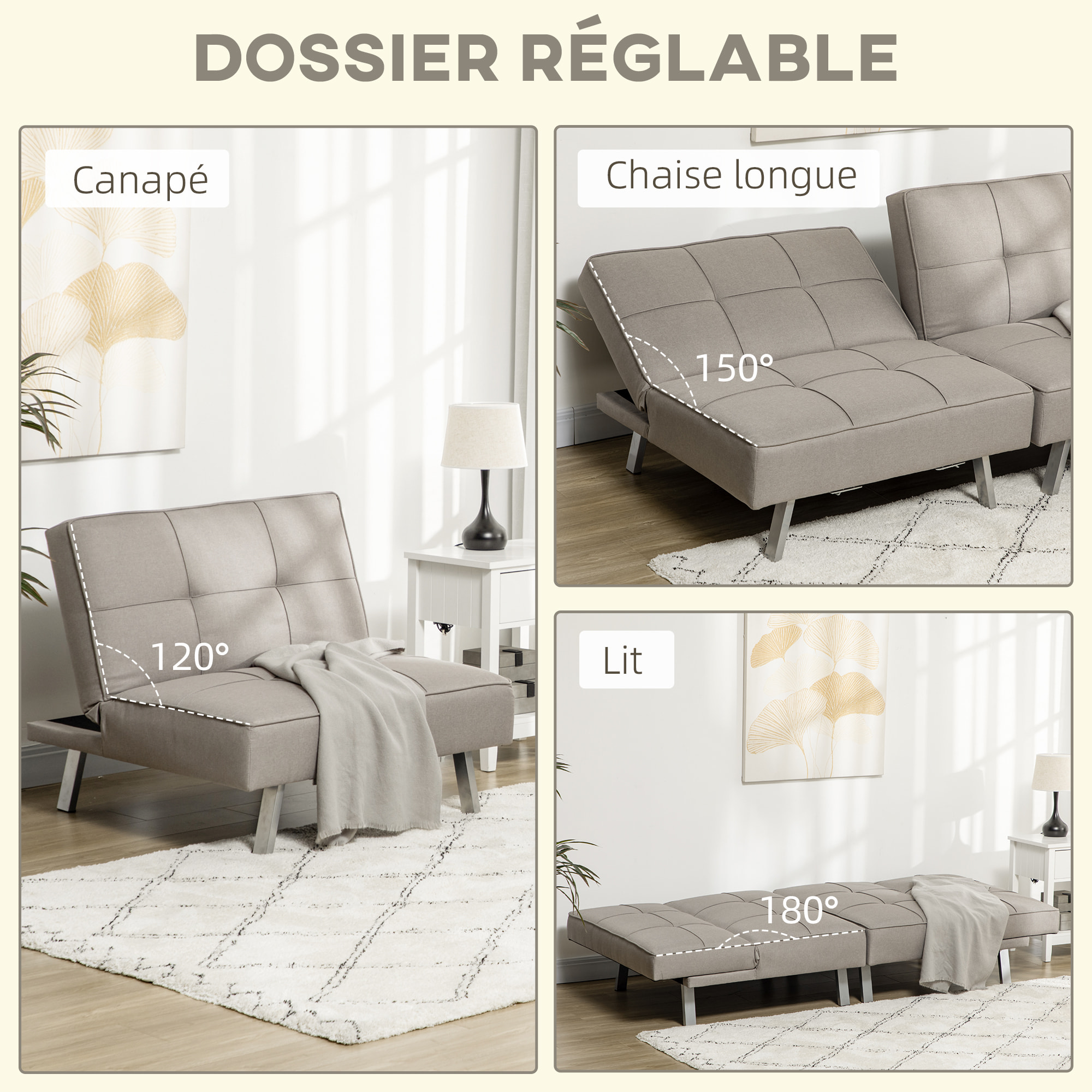 Canapé convertible 3 places design contemporain effet capitonné dossier inclinable modulable acier tissu gris clair