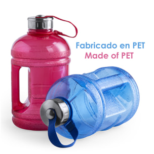 Rumper bidone in PET da 1,89L, con tappo di sicurezza in acciaio inossidabile, nastro anti-perdita e maniglia.