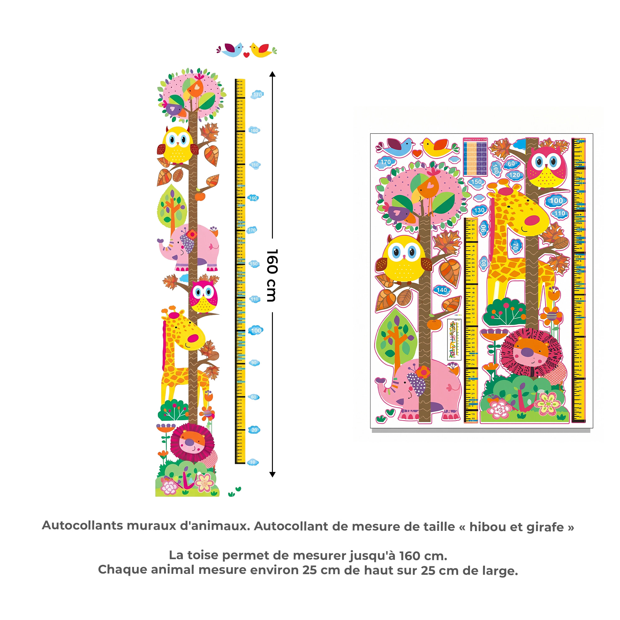 Stickers Muraux décoration adhésifs toise hiboux et girafe
