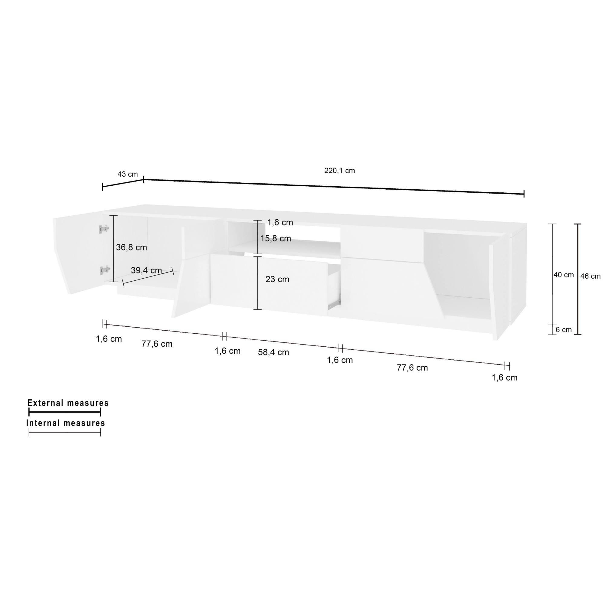 Mobile da soggiorno Porta TV, Made in Italy, Supporto per TV da salotto a 4 ante geometriche e 1 cassetto, Cm 220x43h46, Bianco lucido