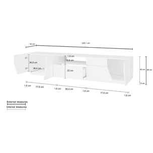 Mobile da soggiorno Porta TV, Made in Italy, Supporto per TV da salotto a 4 ante geometriche e 1 cassetto, Cm 220x43h46, Bianco lucido