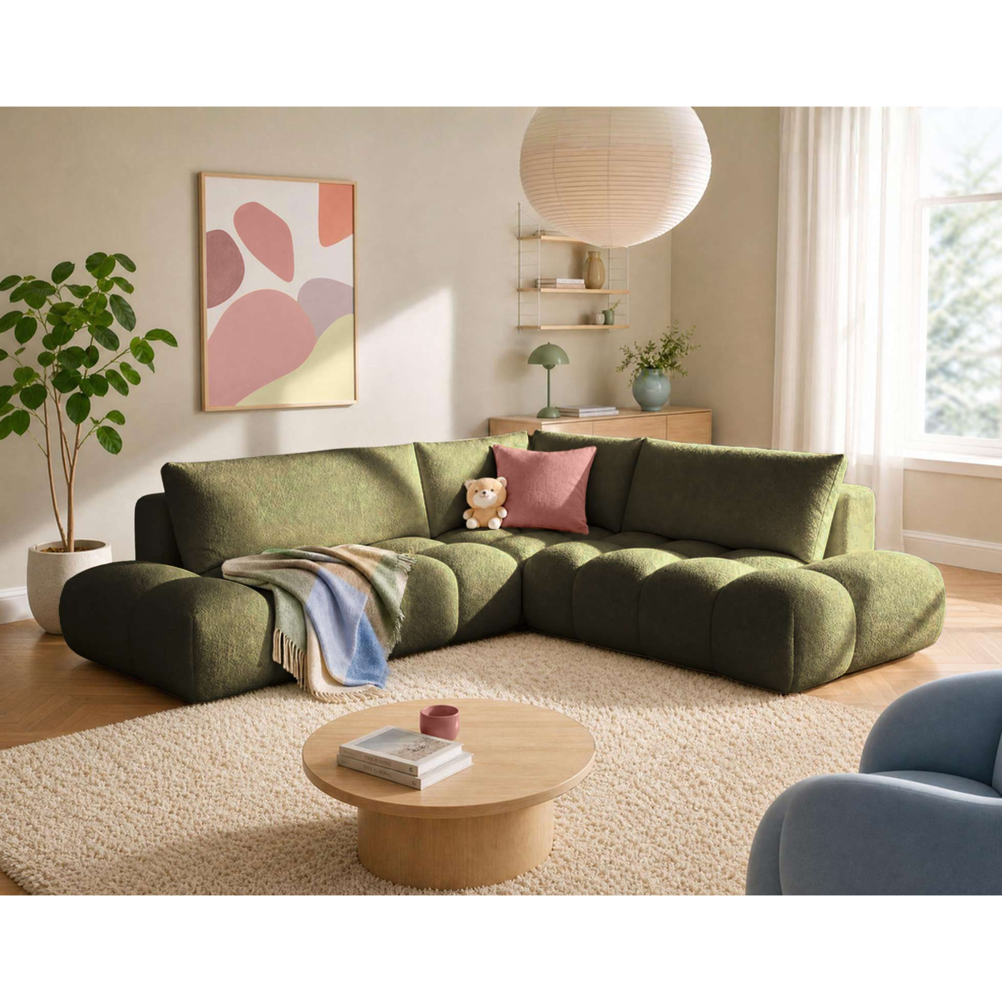 Yulin - Canapé d'angle L 5 places convertible avec coffre en tissu bouclette - Vert