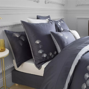 Drap plat satin de coton brodé bleu Pistil bleu nuit