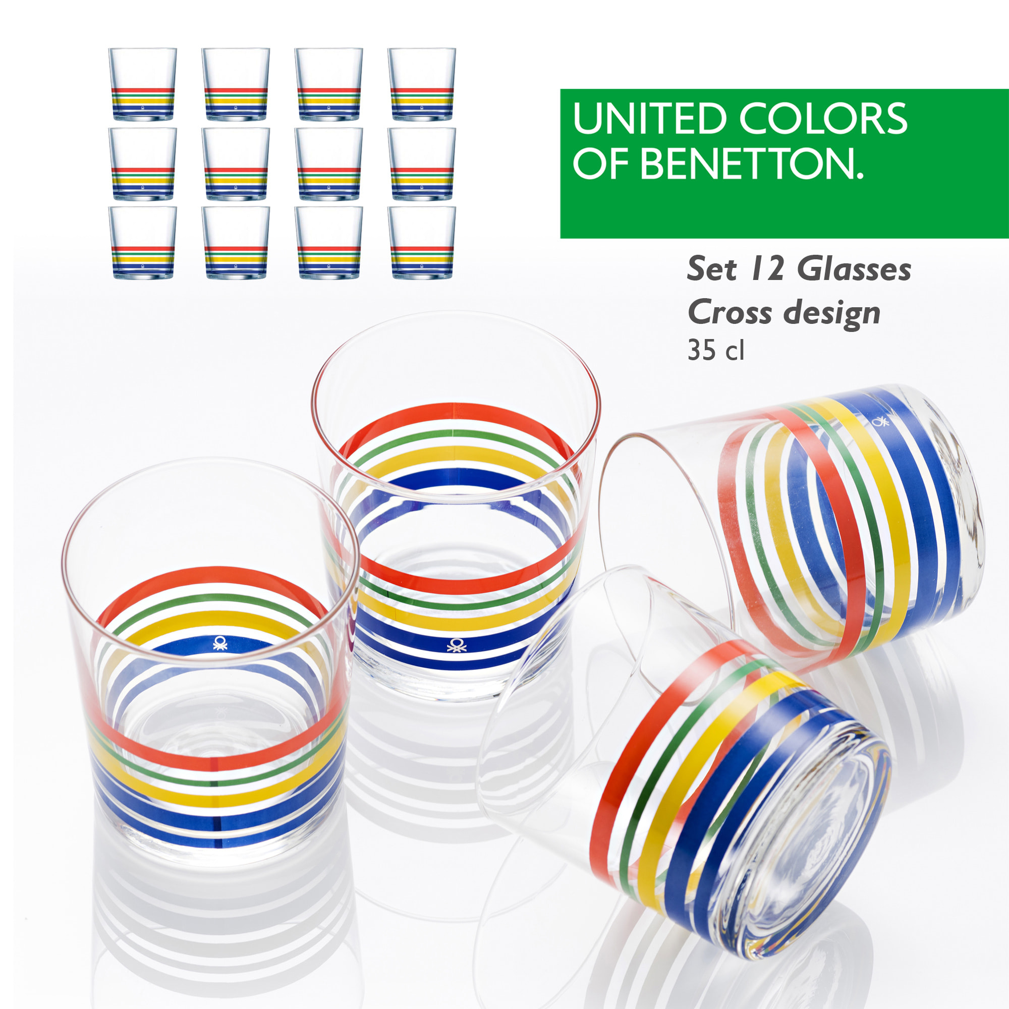 Set cristalería 12 piezas de vasos de vidrio decorados, benetton