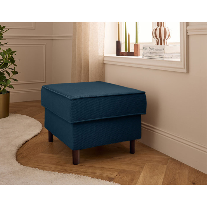 Jake - pouf en velours côtelé - pieds bois foncé - Bleu Ardoise