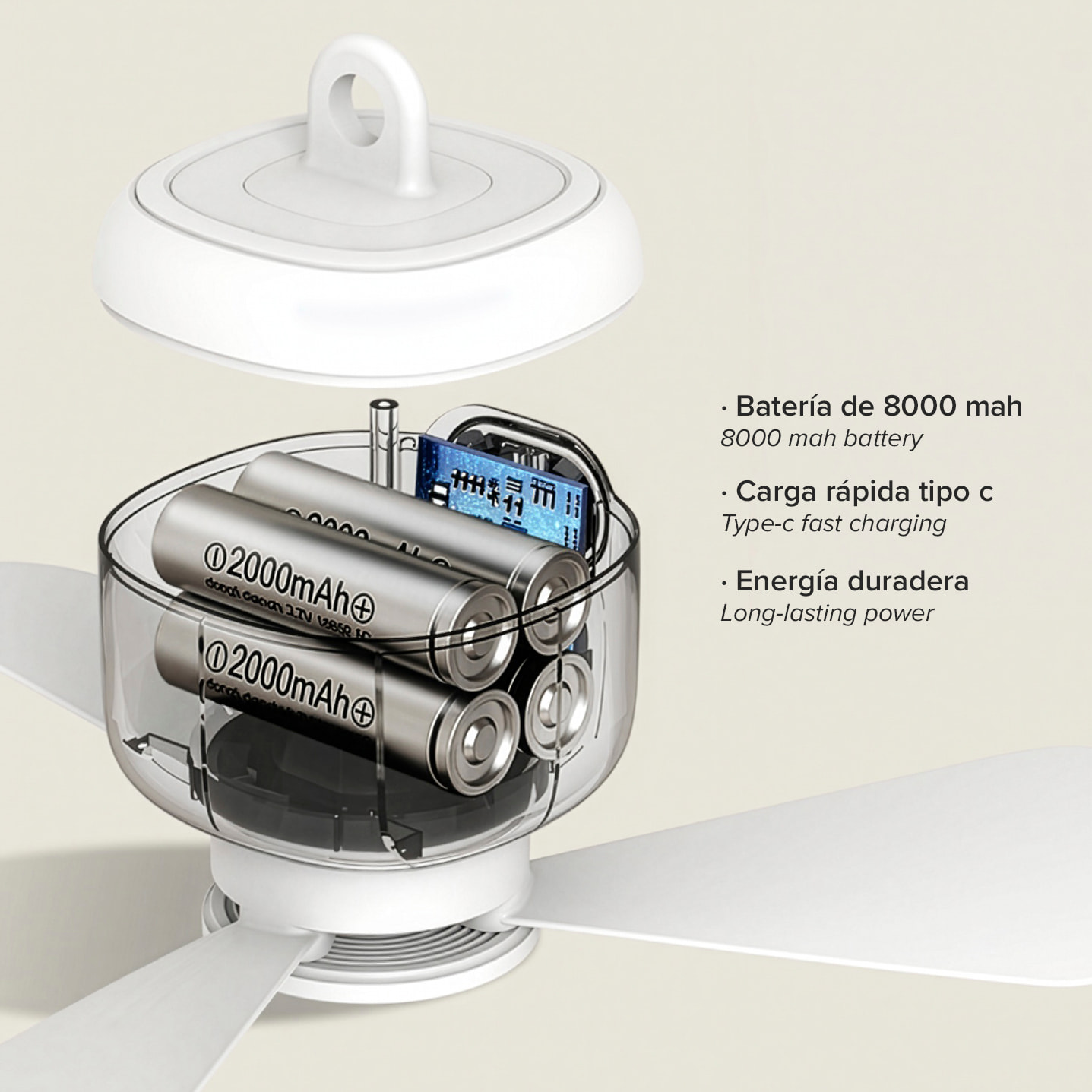 Ventilador de techo inalámbrico con batería de 8000mAh FS-6A de 27cm. Con luz LED integrada, 3 velocidades y temporizador. Incluye mando a distancia.