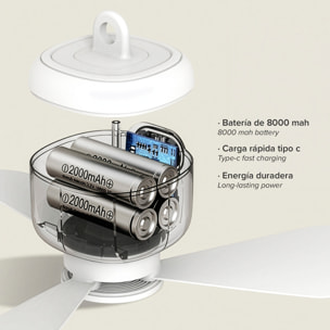 Ventilador de techo inalámbrico con batería de 8000mAh FS-6A de 27cm. Con luz LED integrada, 3 velocidades y temporizador. Incluye mando a distancia.