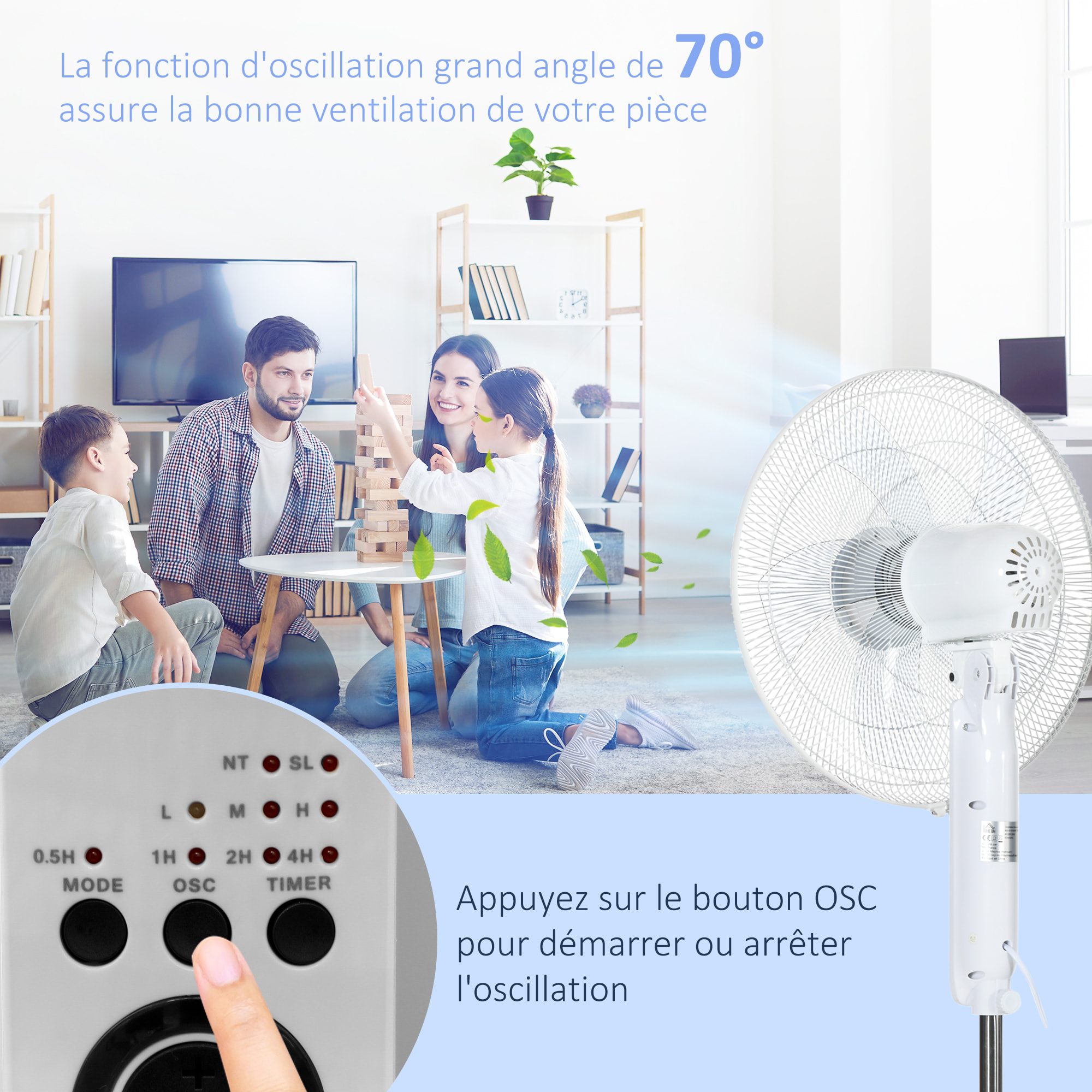 Ventilateur sur pied Ø 44 cm hauteur réglable oscillant silencieux 45 W avec télécommande minuterie 3 modes 3 vitesses blanc