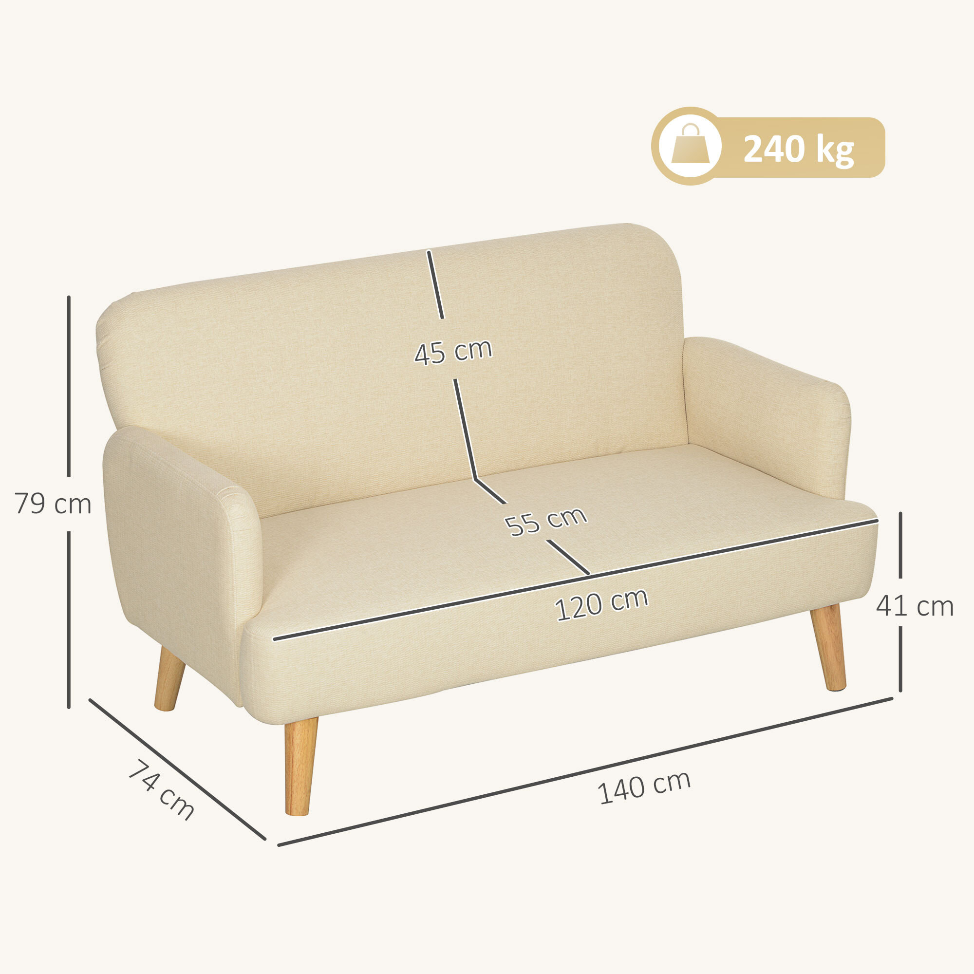 Sofá de 2 Plazas de 140 cm, Sofá de Salón Compacto, Tapizado en Terciopelo, Patas de Madera de Caucho, para Sala de Estar, Dormitorio u Oficina, Blanco