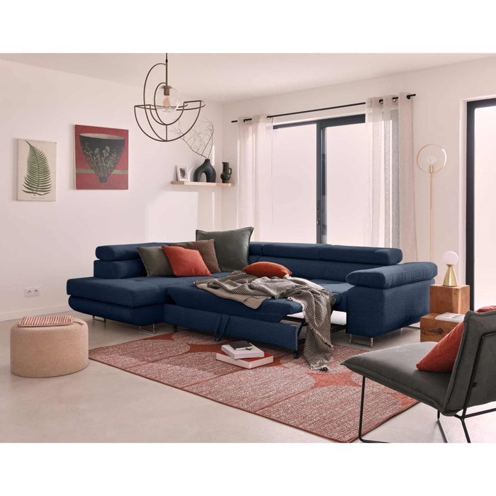 Zaria - canapé d'angle gauche - convertible avec coffre et têtières réglables - 5 places - en velours côtelé - Bleu