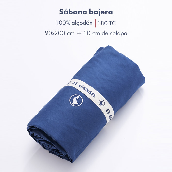 Sábana bajera (90x200+30cm solapa) 100%algodón 180tc color azul marino logo bordado el ganso