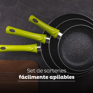 Set 3pc sarten (20+24+28cm) aluminio prensado verde con set 3pc utensilios de cocina nylon