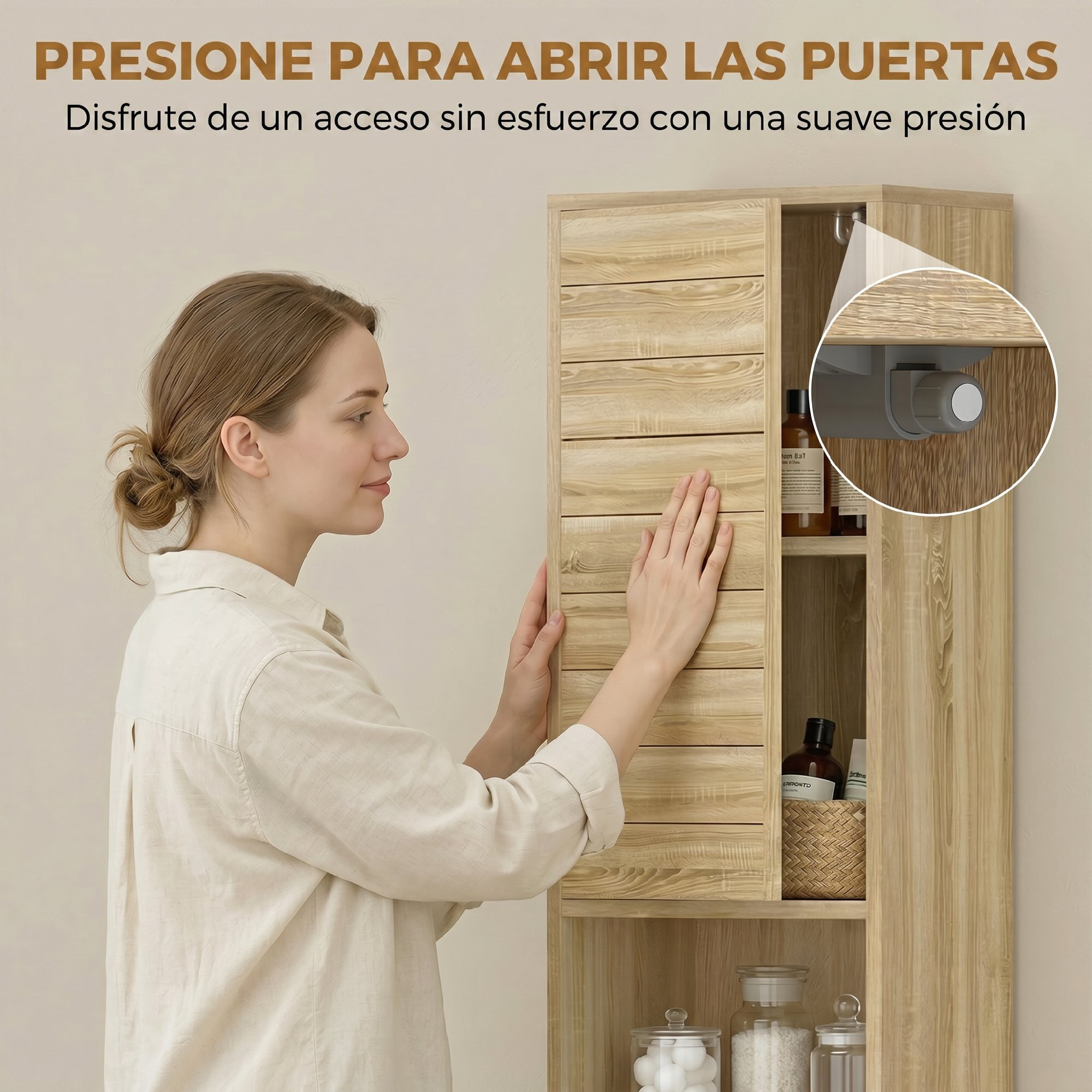 Armario de Baño Alto, Mueble Auxiliar de Baño Estrecho con Estantes Ajustables, Puertas de Lamas Apertura por Presión, Estantes Abiertos, para Espacios Pequeños, 34x23x170 cm, Natural