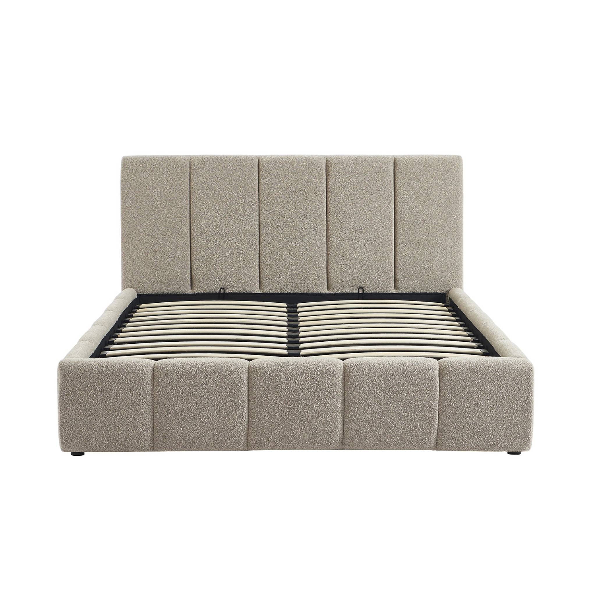 Lit coffre double avec sommier à lattes et tête de lit beige finition bouclette texturée 140x190cm- Lex