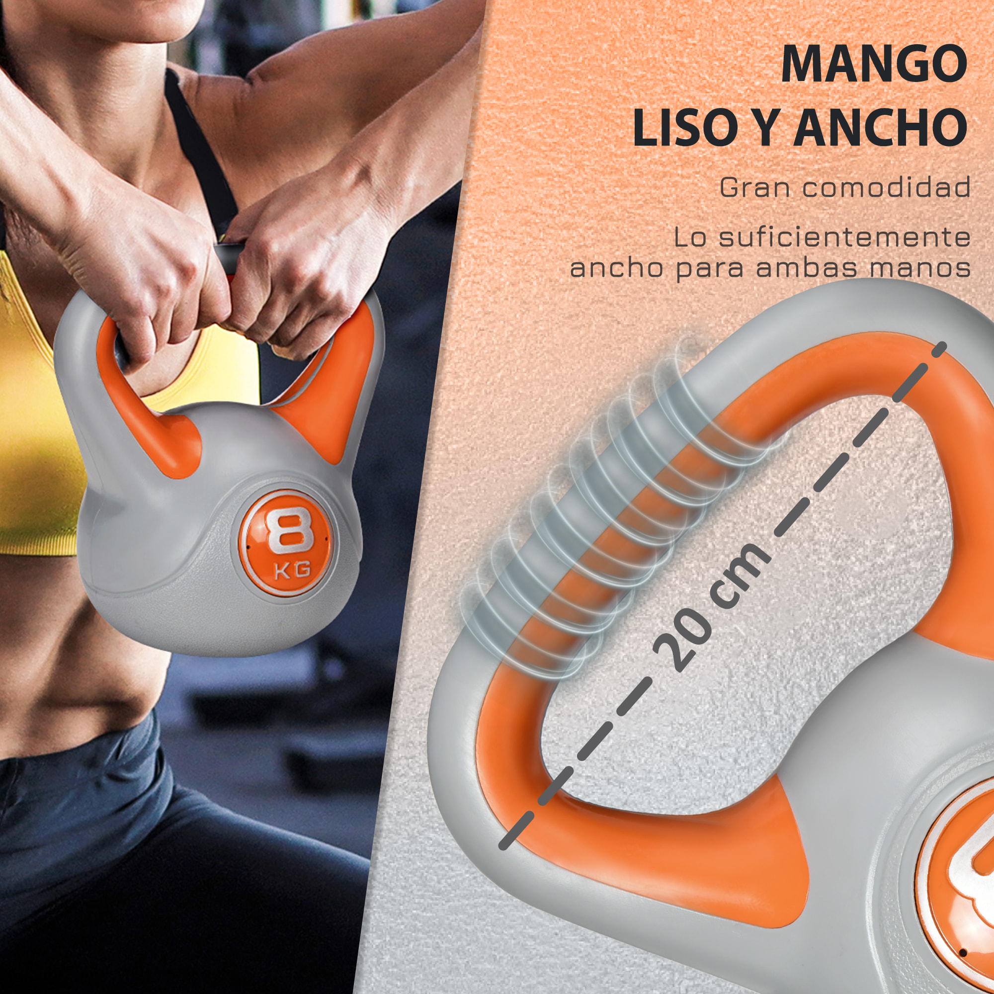 Pesa Rusa 8 kg Kettlebell Revestimiento de PU para Culturismo 20x14x24cm Naranja