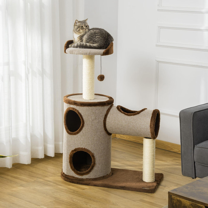 Árbol Rascador para Gatos Mediano Altura 104 cm Torre Escalador de Gato con Barril Rascador Cama Superior Túnel Postes de Sisal y Bola Colgante 75x39x104 cm Marrón