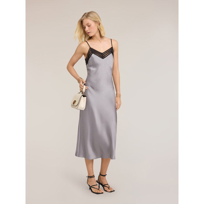 Motivi - Vestito lungo in raso con bordo in tulle - Grigio