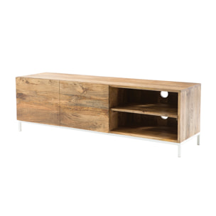 Meuble TV en bois manguier massif et métal blanc 145cm BOHO