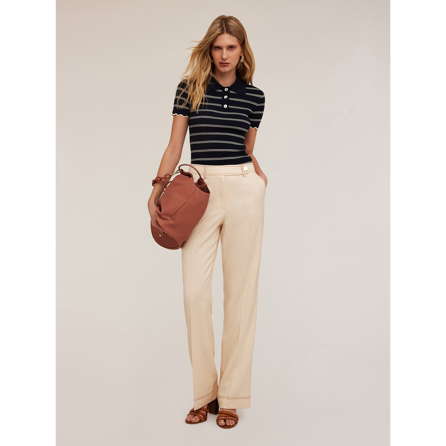 Motivi - Pantaloni wide con impunture a contrasto - Beige