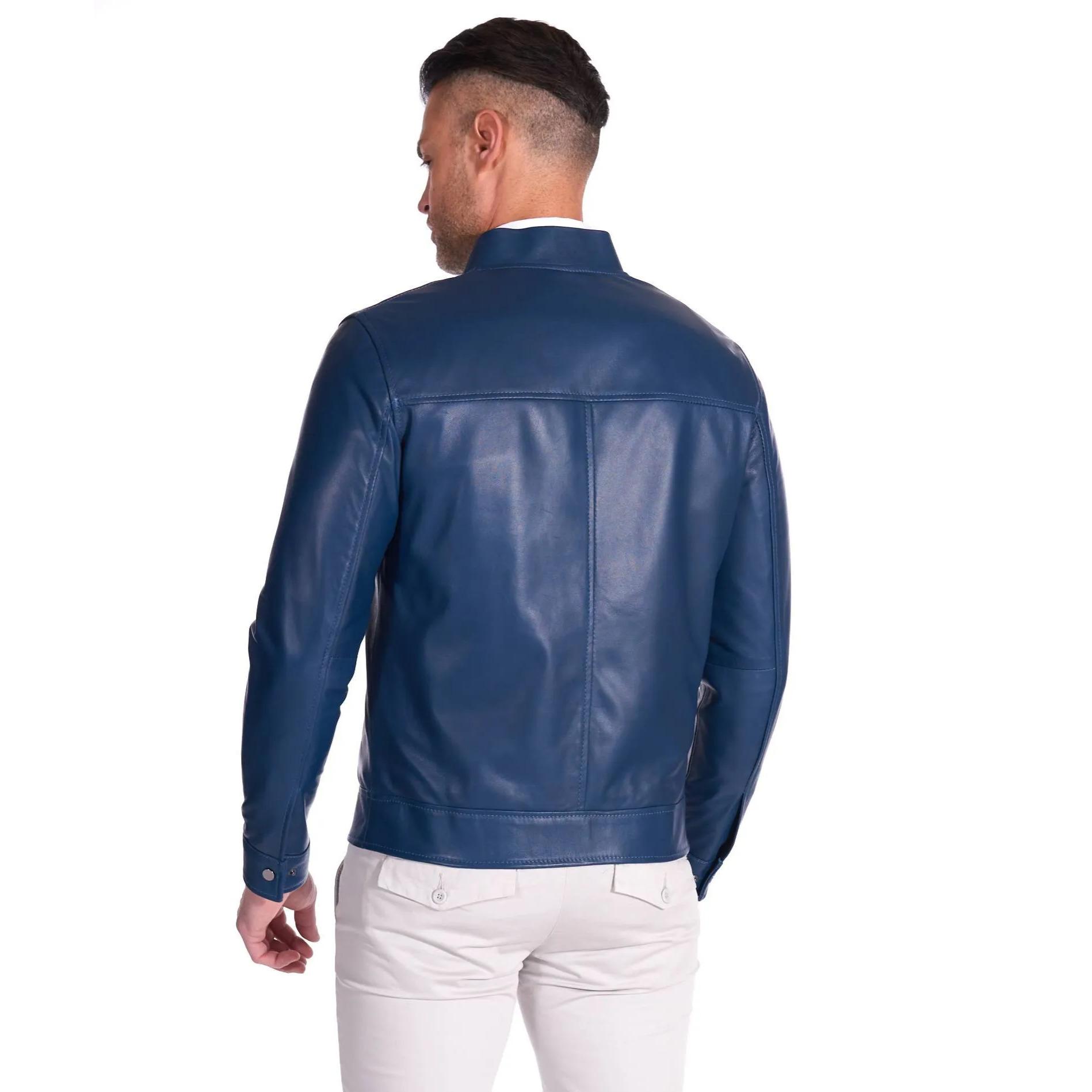 Giacca in pelle naturale colore blu denim con cerniera